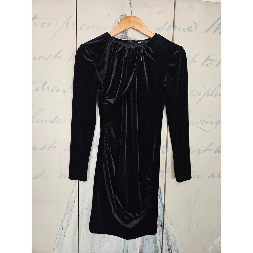 Zara Velvet Mini Dress S Black Ruched‎ Long Sleeve Bodycon Cocktail Party Goth